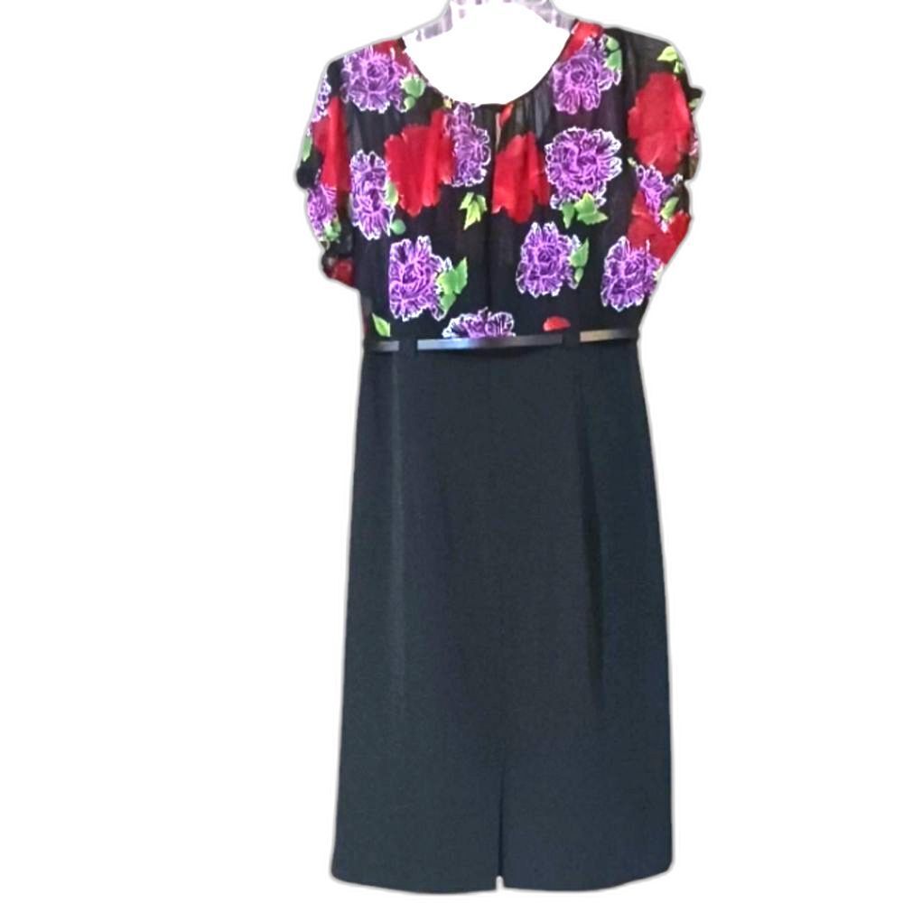 Voir Floral Dress Empire Waist Knee Length Black Red & Purple. Women's 16